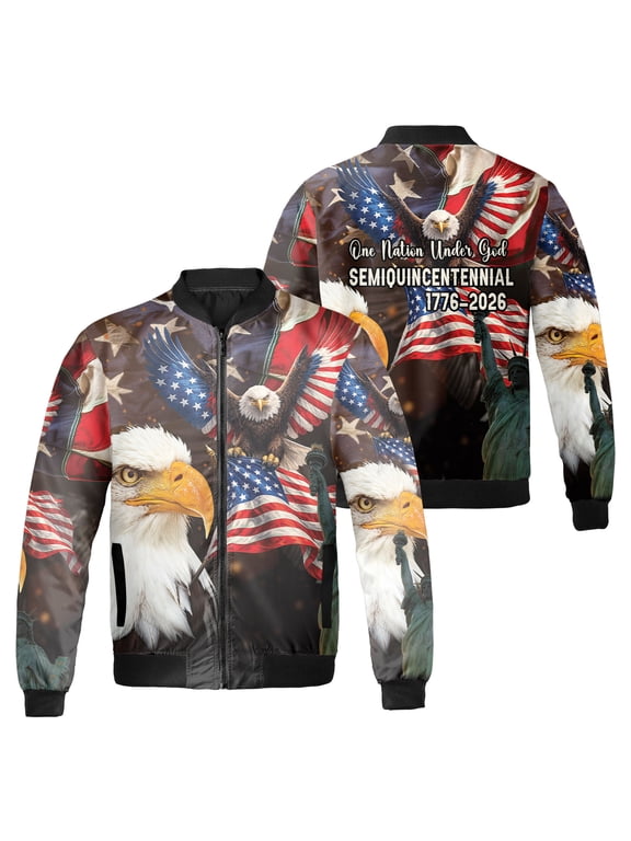 USA Patriotic Eagle Jacket, Semiquincentennial 1776-2026 American Flag Outerwear, One Nation Under God Independence Anniversary Jacket