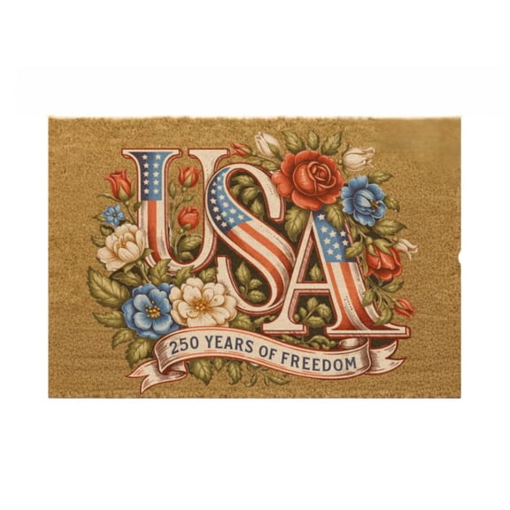 USA Patriotic Flower Flag Door Mat, Vintage Inspired 250 Year Anniversary Doormat with Scrape Dirt Design, Red White Blue Fourth of July Decor for Indoor Outdoor Porch Front Door