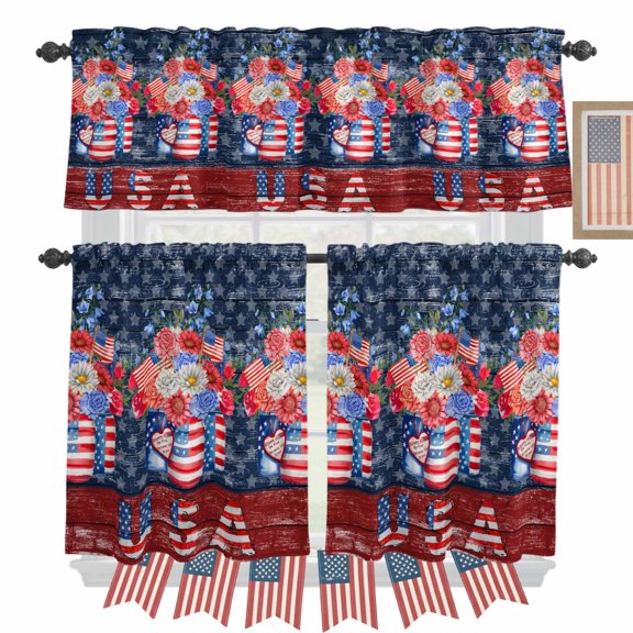 USA Patriotic Flowers Bottle Kitchen Curtains Valances 3 Piece Set, Independence Day Rod Pocket Tier Curtain and Valance Drapes for Small Window 36 Inch Length for Bedroom Cafe