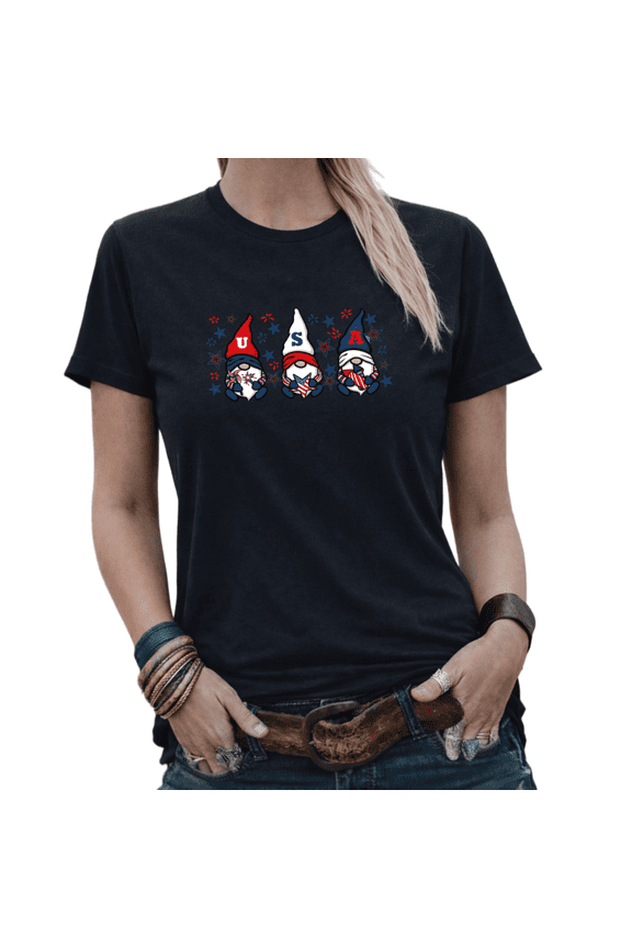 USA Patriotic Gnome 4th of July Graphic Tees Women's Cute American Flag Gnome Tshirt Tops Black/White S-5XL