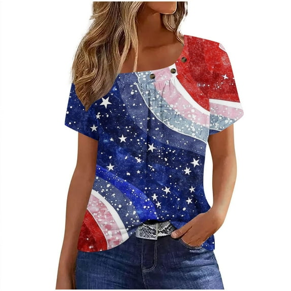 USA Patriotic Graphic Tee ,Women Fashion Loose Crew Neck Pleated Shirt with Button Accents