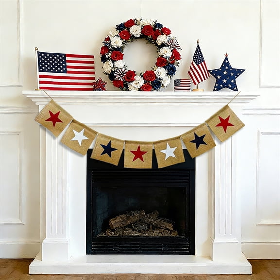 USA Patriotic Party Decorations Set - Three-color Five-pointed Star Fabric Flag Hanging Banner for Independence Day Fourth of July Decor, 13CM x 13CM Outdoor Backyard BBQ Family Reunion Supplies