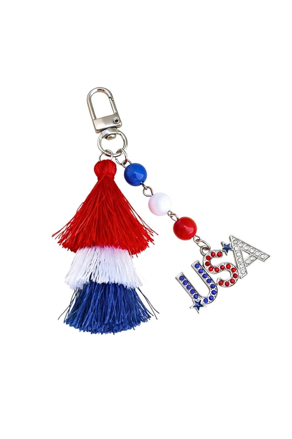 USA Patriotic Tassel Keychain - Red White Blue Mini Cross/Heart Charm Set, Compact Size, Tassel Design for Bag Decor, 4th of July Gift & Daily Accessory