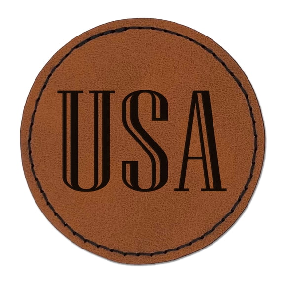 USA Patriotic Text 2.5" Faux Leather Round Engraved Iron-On Patch - Brown