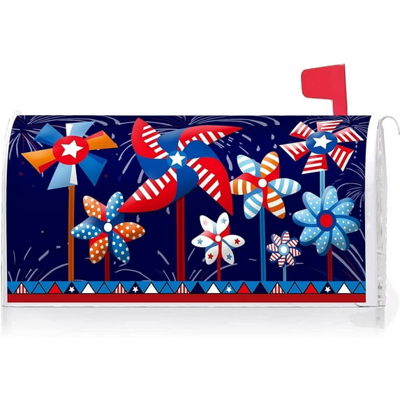 USA Patriotic Windmill Celebrate America Mailbox Cover with Magnetic Strip July 4th Mailbox Wraps Post Letter Box Cover Standard Size 21" X 18" for Garden Outdoor Yard Decor