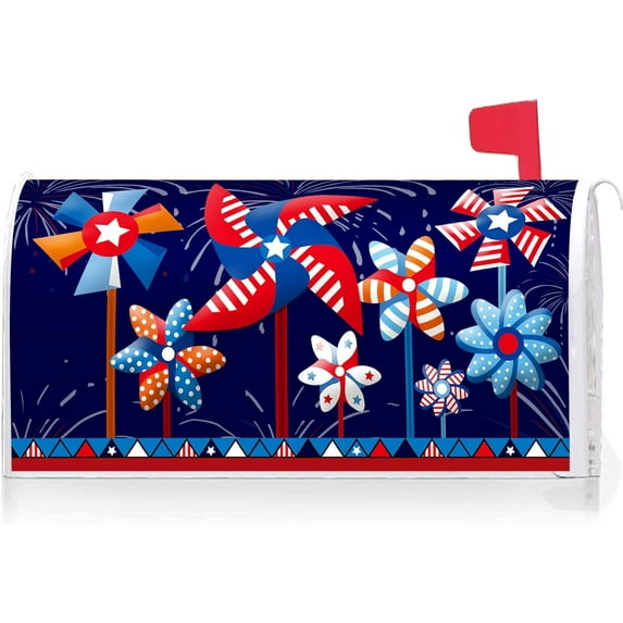 USA Patriotic Windmill Celebrate America Mailbox Cover with Magnetic Strip July 4th Mailbox Wraps Post Letter Box Cover Standard Size 21" X 18" for Garden Outdoor Yard Decor