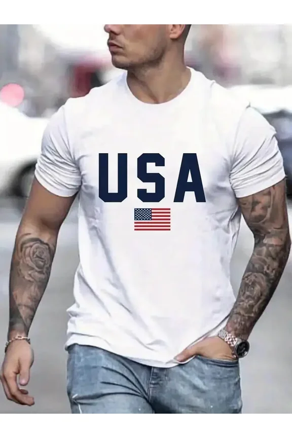 'USA' Pattern Print Men's Comfy T-shirt, Graphic Tee Men's Summer Outdoor Clothes, Men's Clothing, Tops For Men