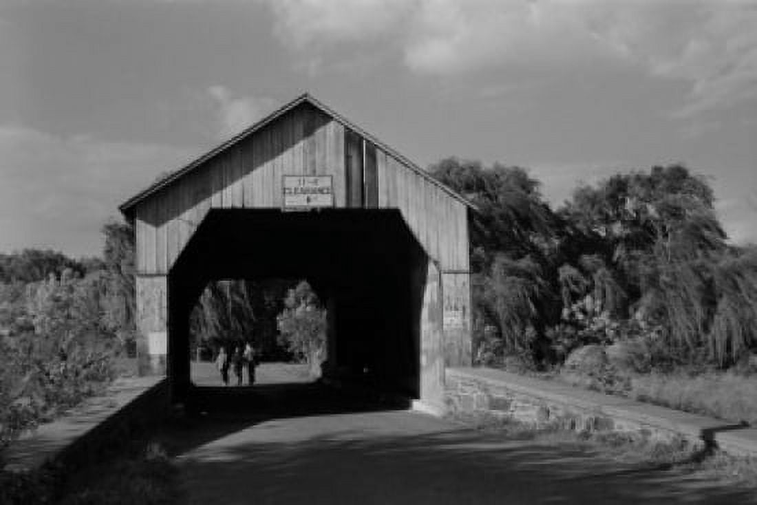 USA Pennsylvania People walking under covered bridge Canvas Art - (18 x 24)