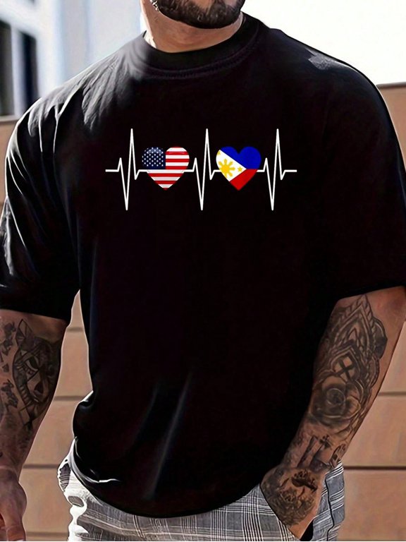 USA Philippines Shirt Heartbeat America Filipino Flag Heart Men's Cotton Crew Neck Graphic Tee Casual Short Sleeve Solid T-Shirt