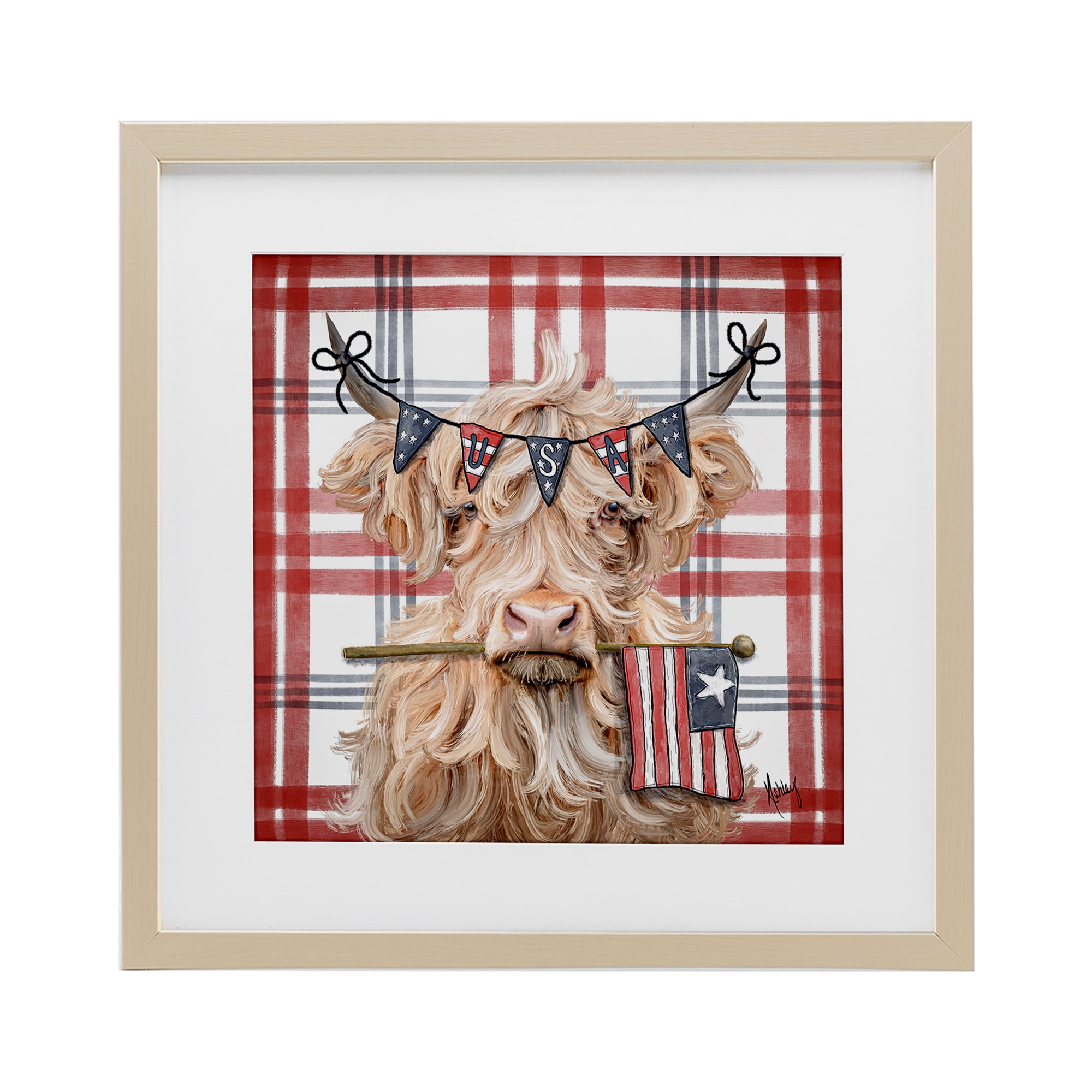 USA Plaid Highland Cattle Birch Framed Print Under Glass, design by Ashley Bradley