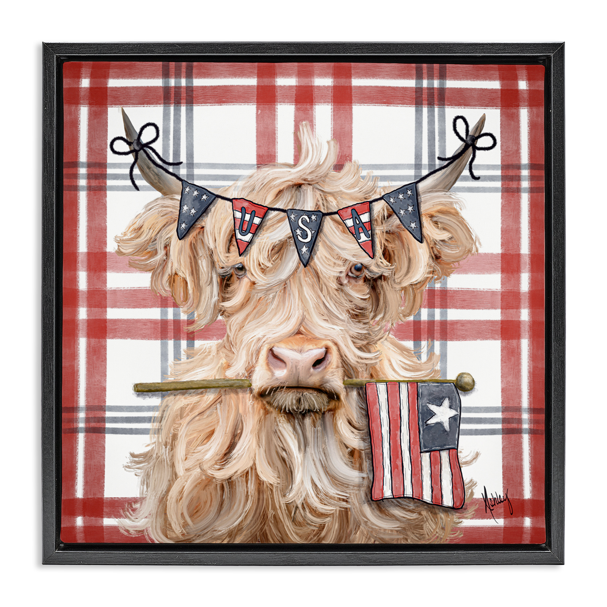 USA Plaid Highland Cattle Black Framed Floater Canvas Wall Art, design by Ashley Bradley