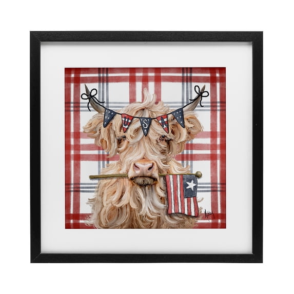 USA Plaid Highland Cattle Black Framed Print Under Glass, design by Ashley Bradley