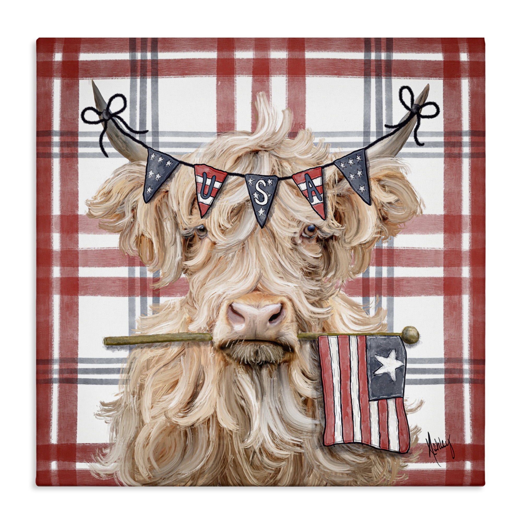 USA Plaid Highland Cattle Canvas Wall Art, design by Ashley Bradley