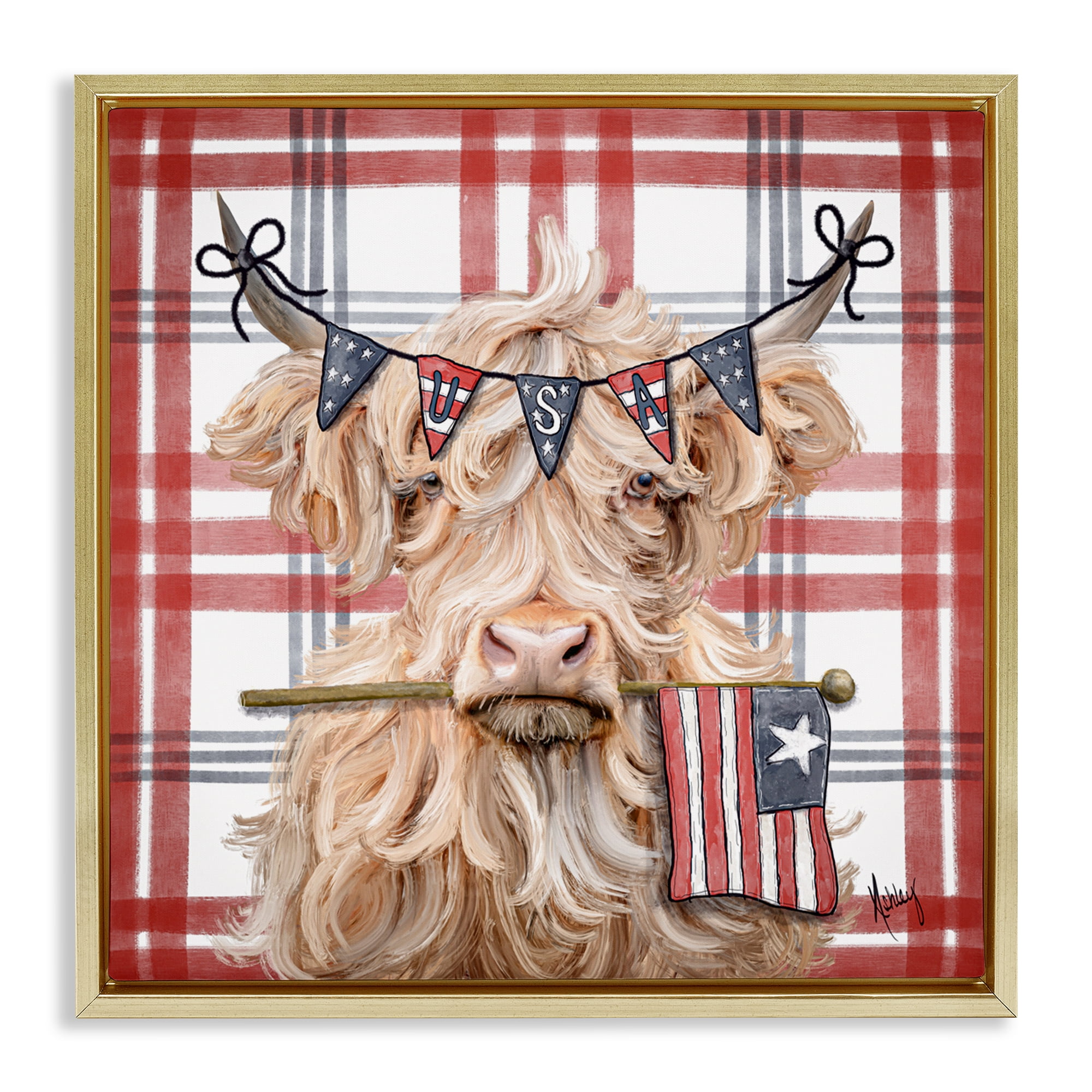 USA Plaid Highland Cattle Gold Framed Floater Canvas Wall Art, design by Ashley Bradley