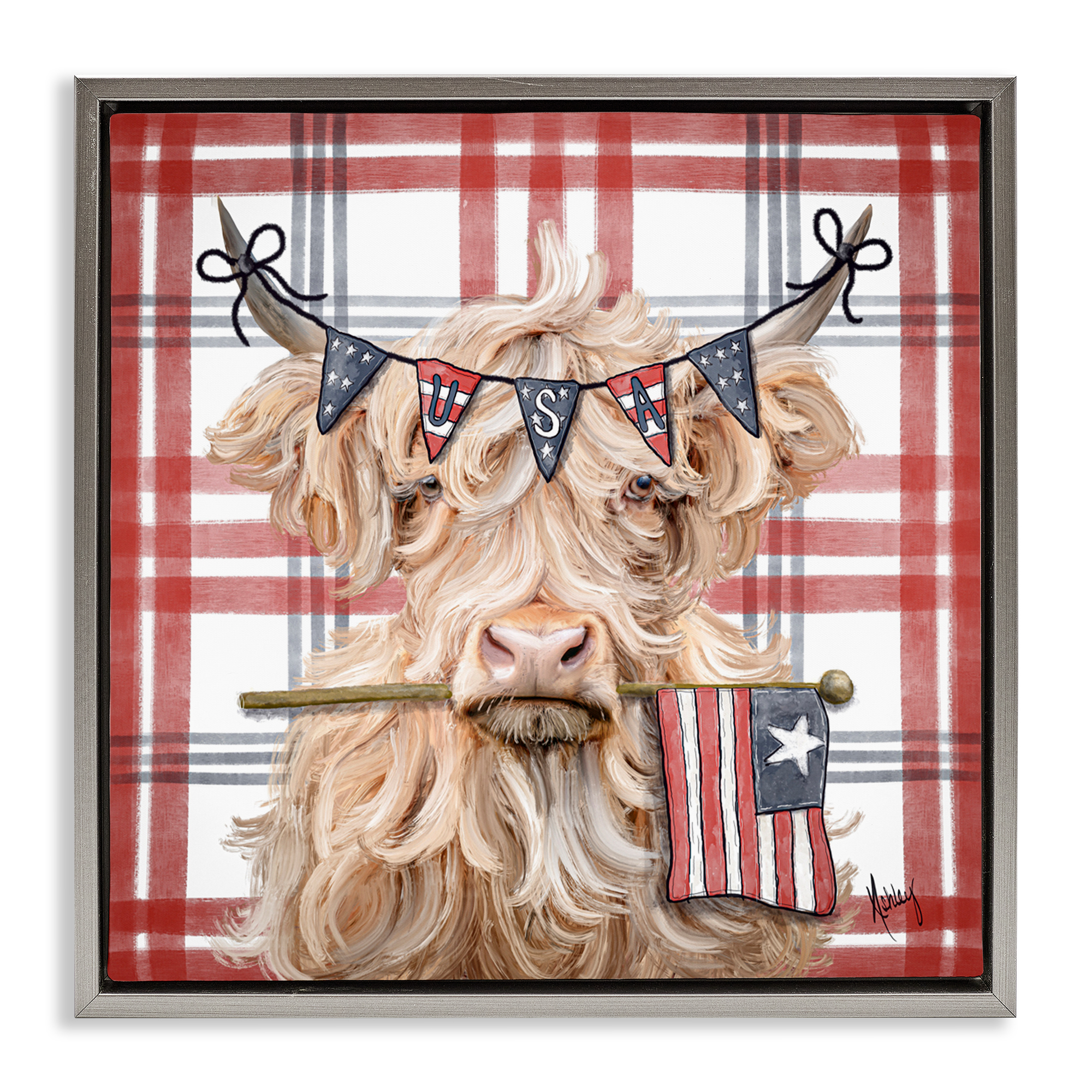 USA Plaid Highland Cattle Gray Framed Floater Canvas Wall Art, design by Ashley Bradley