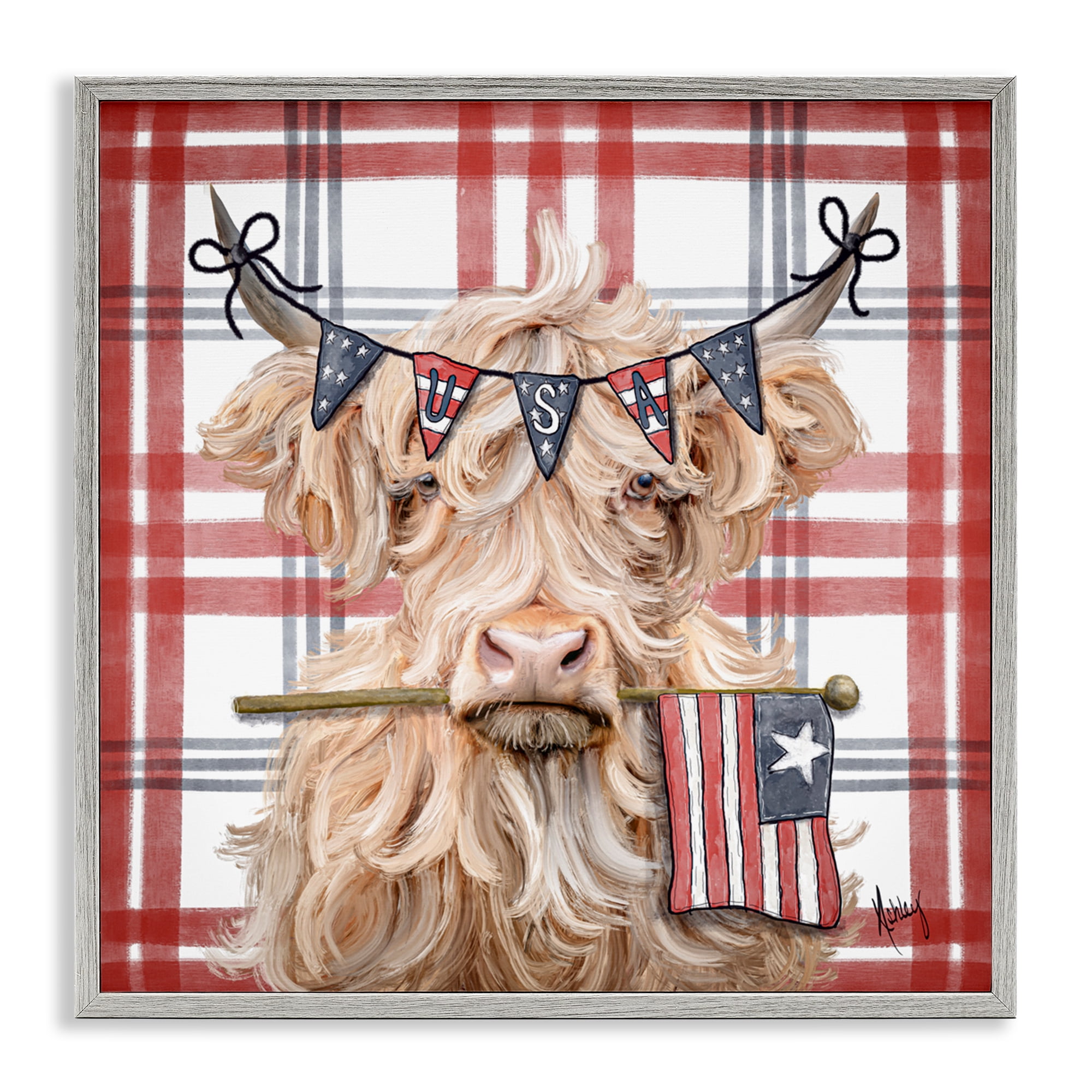 USA Plaid Highland Cattle Gray Framed Giclee Art, design by Ashley Bradley