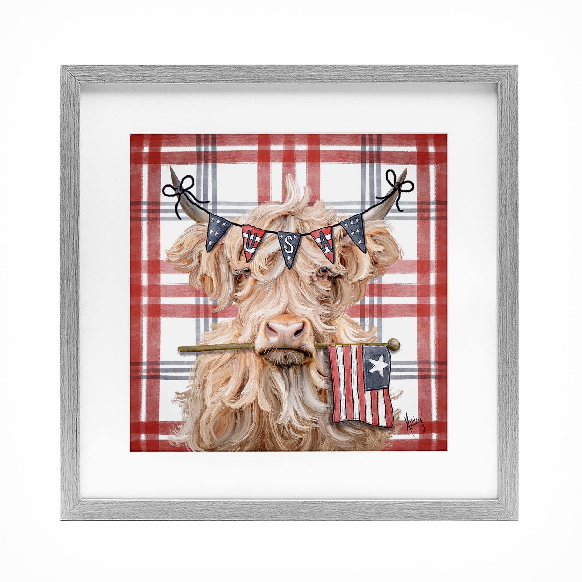 USA Plaid Highland Cattle Gray Framed Print Under Glass, design by Ashley Bradley
