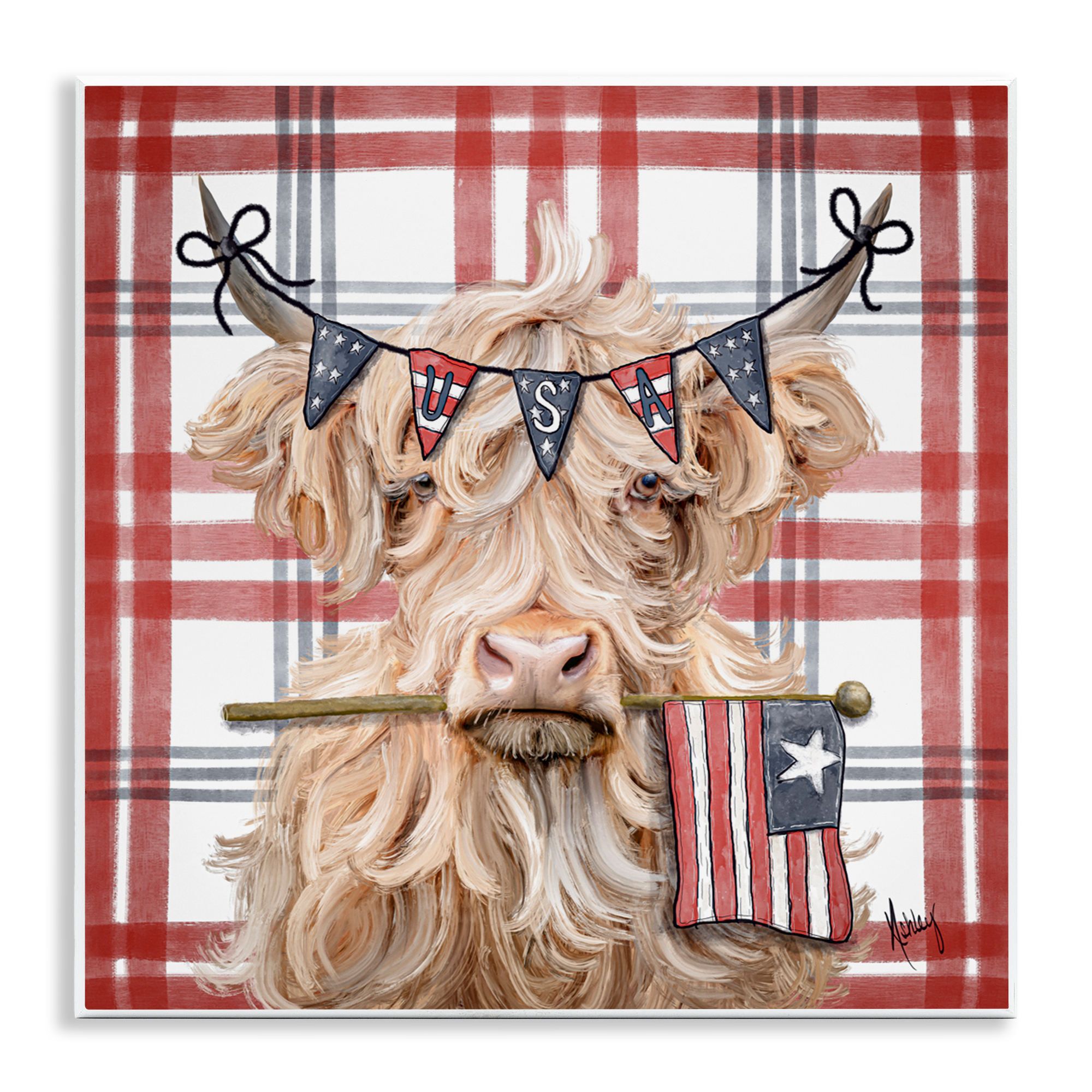 USA Plaid Highland Cattle Wall Plaque Art, design by Ashley Bradley