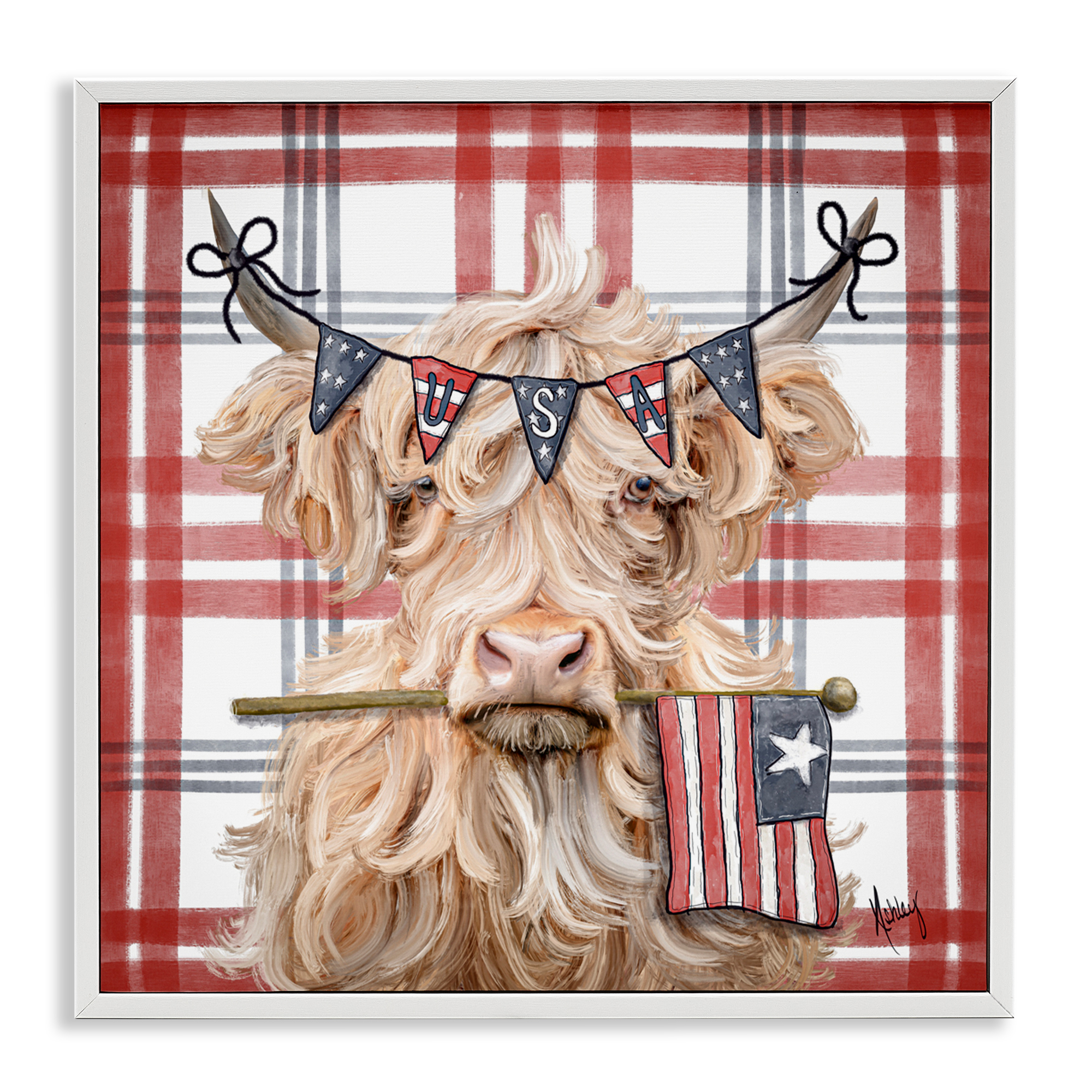 USA Plaid Highland Cattle White Framed Giclee Art, design by Ashley Bradley