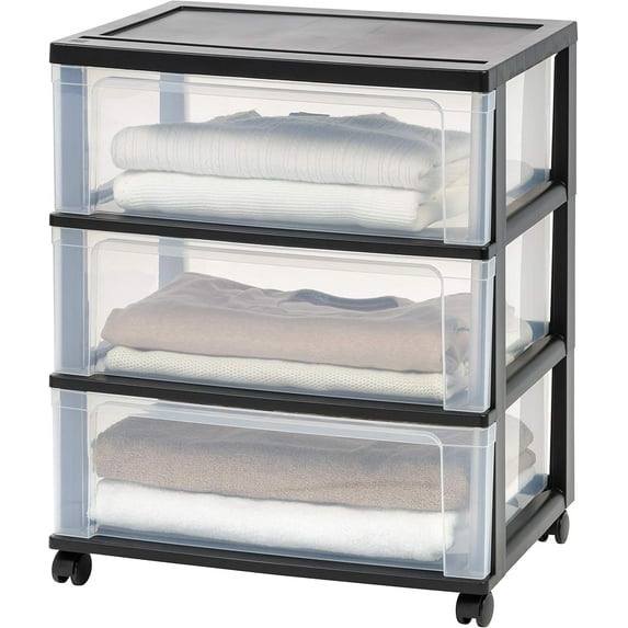USA Plastic Drawer Storage Organizer Rolling Cart, with Wheels Casters, 3-Drawers, for Art Craft Supplies Bathroom Dorm Bedroom Laundry Room, Wide, Black