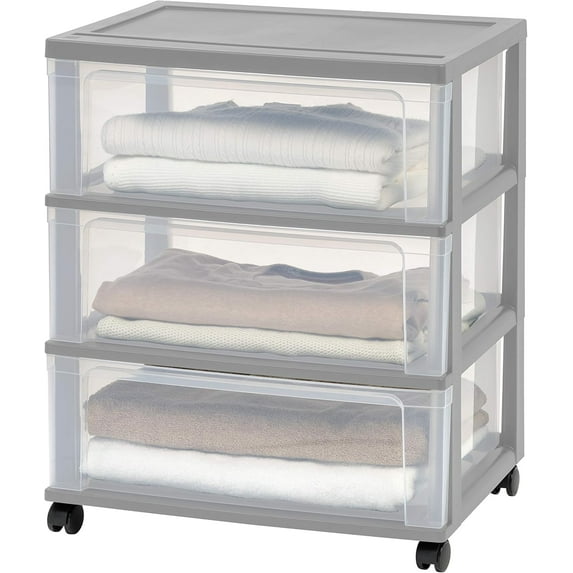 USA Plastic Drawer Storage Organizer Rolling Cart, with Wheels Casters, 3-Drawers, for Art Craft Supplies Bathroom Dorm Bedroom Laundry Room, Wide, Gray