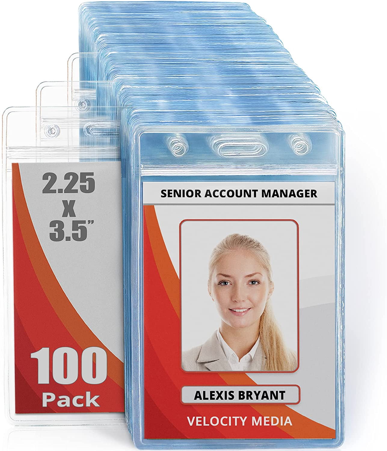 -USA Plastic Waterproof ID Badge Holders (Clear, 2.25x3.5 Inch, 100 Pack), Vertical Hanging Name Card Holder with Zipper, Resealable Bulk Nametag Holders