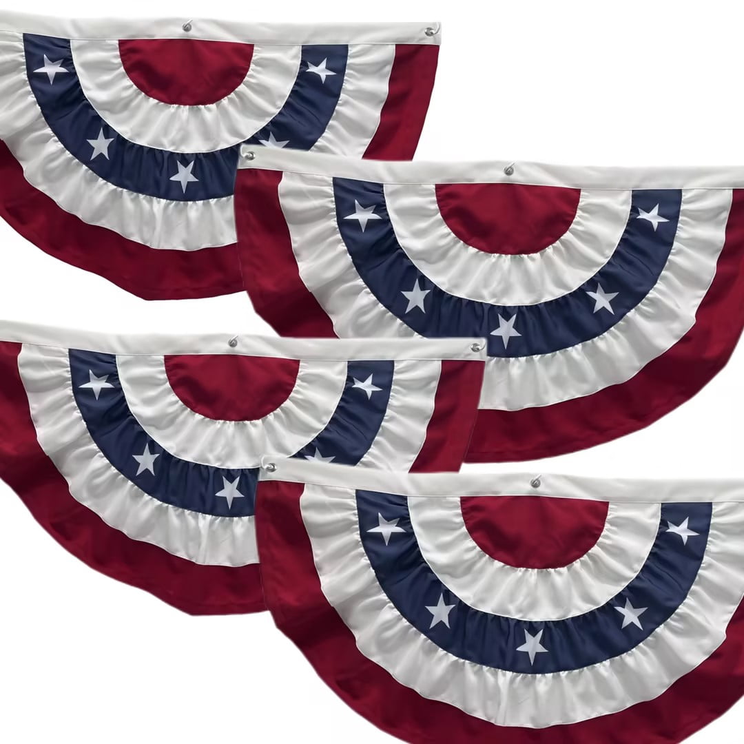 USA Pleated Fan Flag, 4PC American Patriotic Half Fan Bunting Banner with Embroidered Stars, Ideal for 4th of July & Independence Day Porch, Yard & Garden Decor