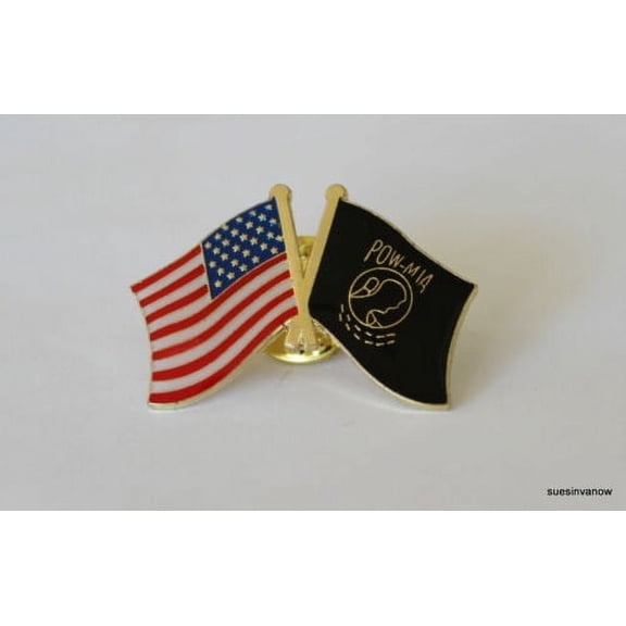 USA & Pow Mia Flag Friendship Crossed Flags Lapel Hat Pin (Licensed)