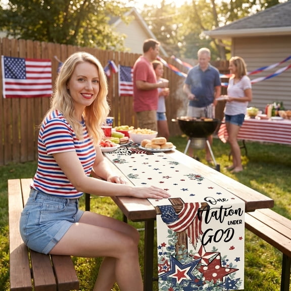 USA Pride Table Runner Stain Resistant Wipe Clean Tablecloth for Memorial Day Veterans Day Holiday Gathering