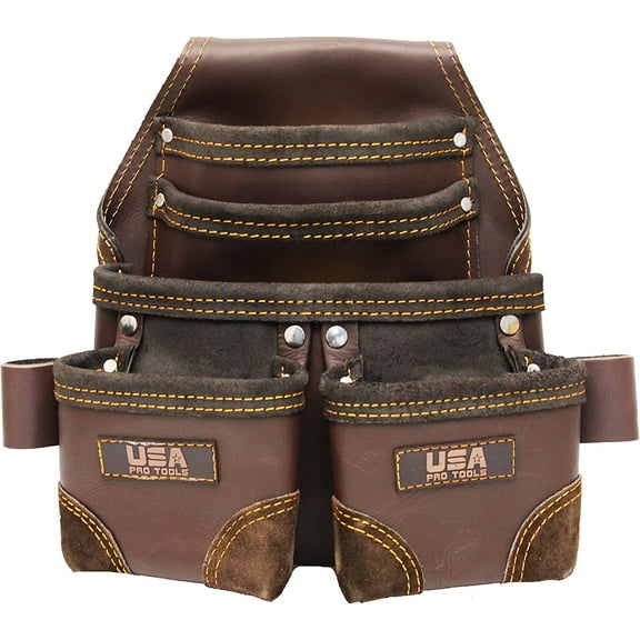 USA Pro Tools Framers Tool Pouch, Leather Tool Bag with 5 Pockets for Carpenters, Electricians, Plumbers, Constructors and Handyman