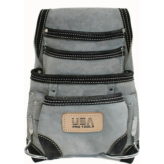 USA Pro Tools Suede Tool Pouch | 10 Pocket Leather Tool Pouch | Carpenters Nail & Tool Pouch Bag(GREY)
