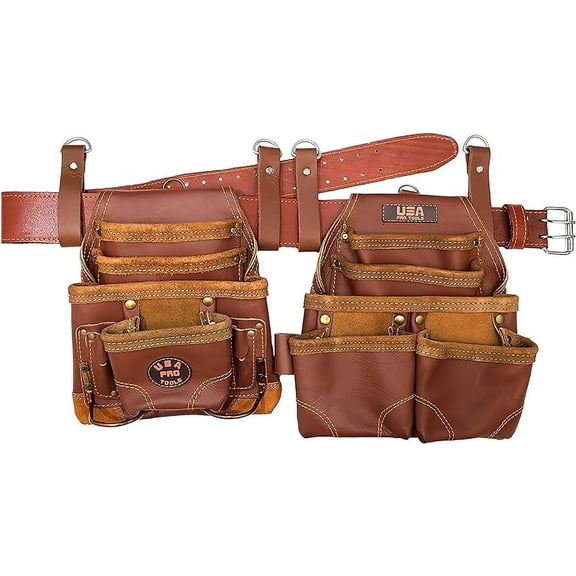 USA Pro Tools Tool Belt | Leather Rig for Carpenters, Framers, Electricians, Constructors, and Handyman Adjustable Pouches (SST 1108-1122)