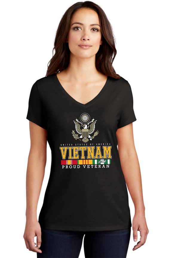 USA Proud Vietnam Veteran Eagle Womens Tri Blend V-neck T-Shirt, Small Black