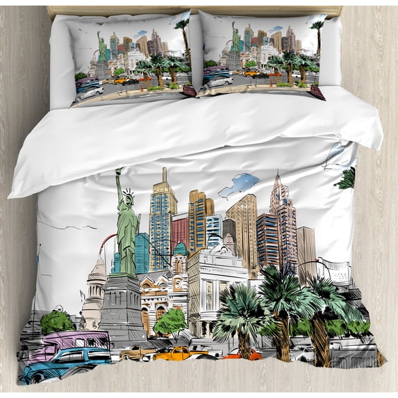 USA Queen Size Duvet Cover Set, Hand Drawn Las Vegas City Nevada Street Sketch Buildings Statue of Liberty Cars Palms, Decorative 3 Piece Bedding Set with 2 Pillow Shams, Multicolor, by Ambesonne
