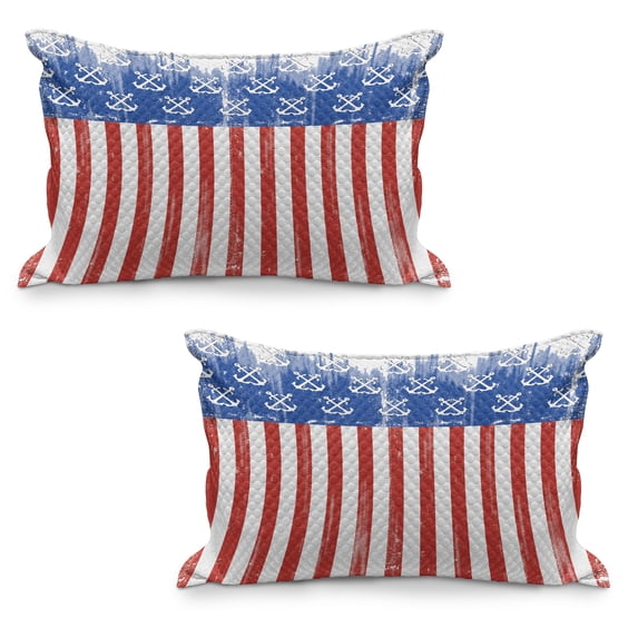 USA Quilted Pillowcover Set of 2, Patriotic Grunge Flag Design with Stripes and Marine Crossed Anchors, Standard Queen Size Pillow Cover for Bedroom, 36" x 20", Vermilion Cobalt Blue, by Ambesonne