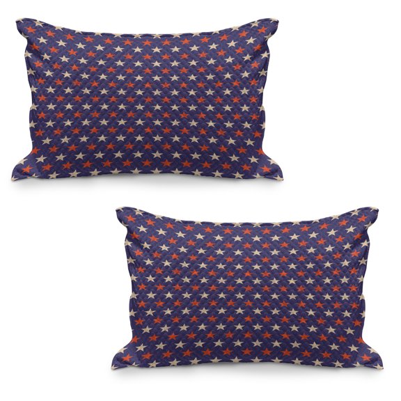 USA Quilted Pillowcover Set of 2, Vintage Patriotic True Blue Home Country My Land Birthday Retro Pattern, Standard Queen Size Pillow Cover for Bedroom, 30" x 20", Dark Blue Cream Red, by Ambesonne