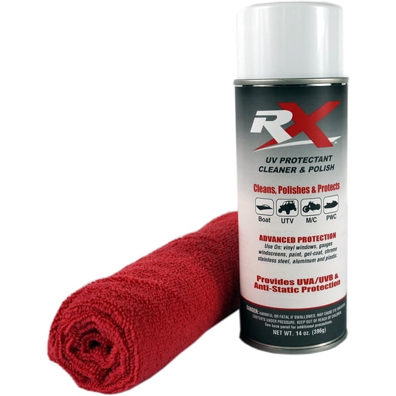 USA RX UV Protectant Cleaner & Polish  Advanced Marine & Powersport Detailing Spray for Vinyl, Isinglass, Plastic, & Strata Glass  100% UVA/UVB Protection with Microfiber Towel