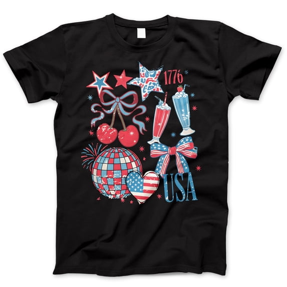 USA Retro 4th of July Graphic T-Shirt – Red White Blue Milkshake, Bow, Disco Ball & Cherry Tee – Patriotic Cute Summer Shirt for Women & Girls, Independence Day Style