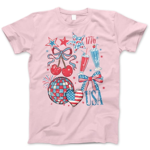 USA Retro 4th of July Graphic T-Shirt – Red White Blue Milkshake, Bow, Disco Ball & Cherry Tee – Patriotic Cute Summer Shirt for Women & Girls, Independence Day Style