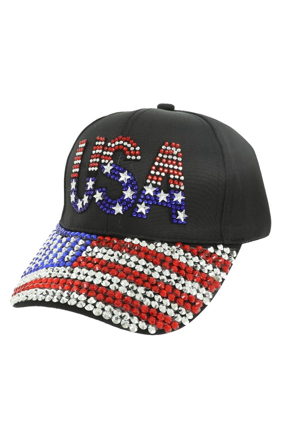 USA Rhinestone Baseball Cap - Patriotic American Flag Bling Hat for Women Studded, Black