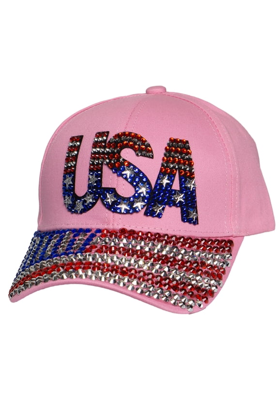 USA Rhinestone Baseball Cap - Patriotic American Flag Bling Hat for Women Studded, Pink