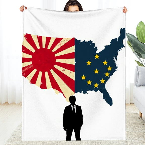 USA Rising Sun Map Silhouette Soft Flannel Throw Blanket, Lightweight Fuzzy Warm Cozy Blanket for Couch Bed Home Travel Decor