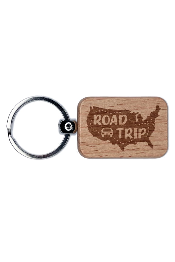 USA Road Trip Across America Traveling Rectangle Keychain Charm Tag - Engraved Wood