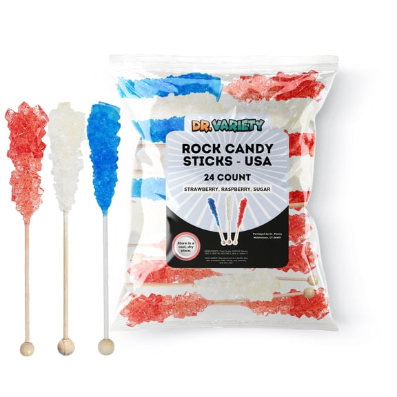 USA Rock Candy Sticks  Red, White & Blue Sugar Flavor, 24 Pack Bulk Individually Wrapped Edible Crystal Sticks for 4th of July, Parties & Patriotic Celebrations  By Dr. Variety