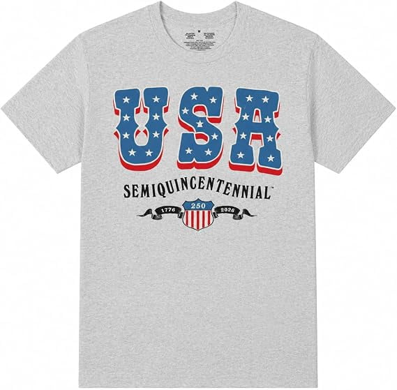 USA Semiquincentennial 250th Anniversary 1776–2026 Shield Graphic T-Shirt, Patriotic Independence Celebration Tee, Unisex Adult Heather Grey, XXL