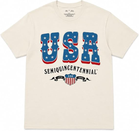 USA Semiquincentennial 250th Anniversary 1776–2026 Shield Graphic T-Shirt, Patriotic Independence Celebration Tee, Unisex Adult Natural, XXL