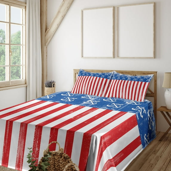 Ambesonne USA Fitted & Top Sheet Set with Shams, Patriotic Grunge Flag Marine, Vermilion Cobalt Blue
