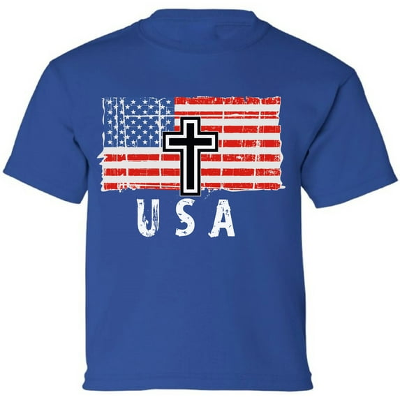 USA Shirts for Kids Boys Girls - 4th of July American Flag Cross Christian Tee