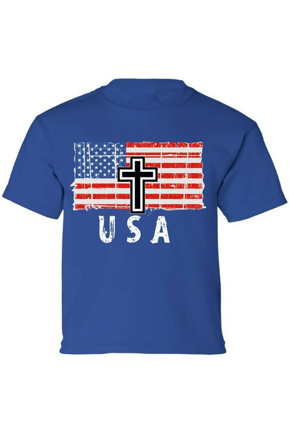 USA Shirts for Kids Boys Girls - 4th of July American Flag Cross Christian Tee