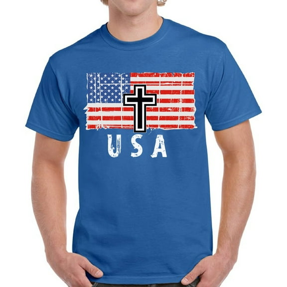 USA Shirts for Men - 4th of July American Flag Cross Christian Tee